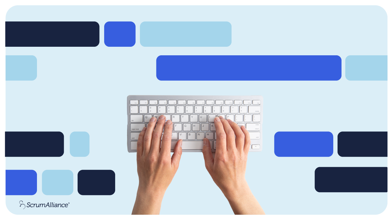 A blue graphic showing the abstract concept of lines of code and a photo of a person's hands typing on a keyboard